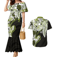 Monstera Plumeria Flowers Olive Green Couples Matching Mermaid Dress and Hawaiian Shirt Polynesian Pattern