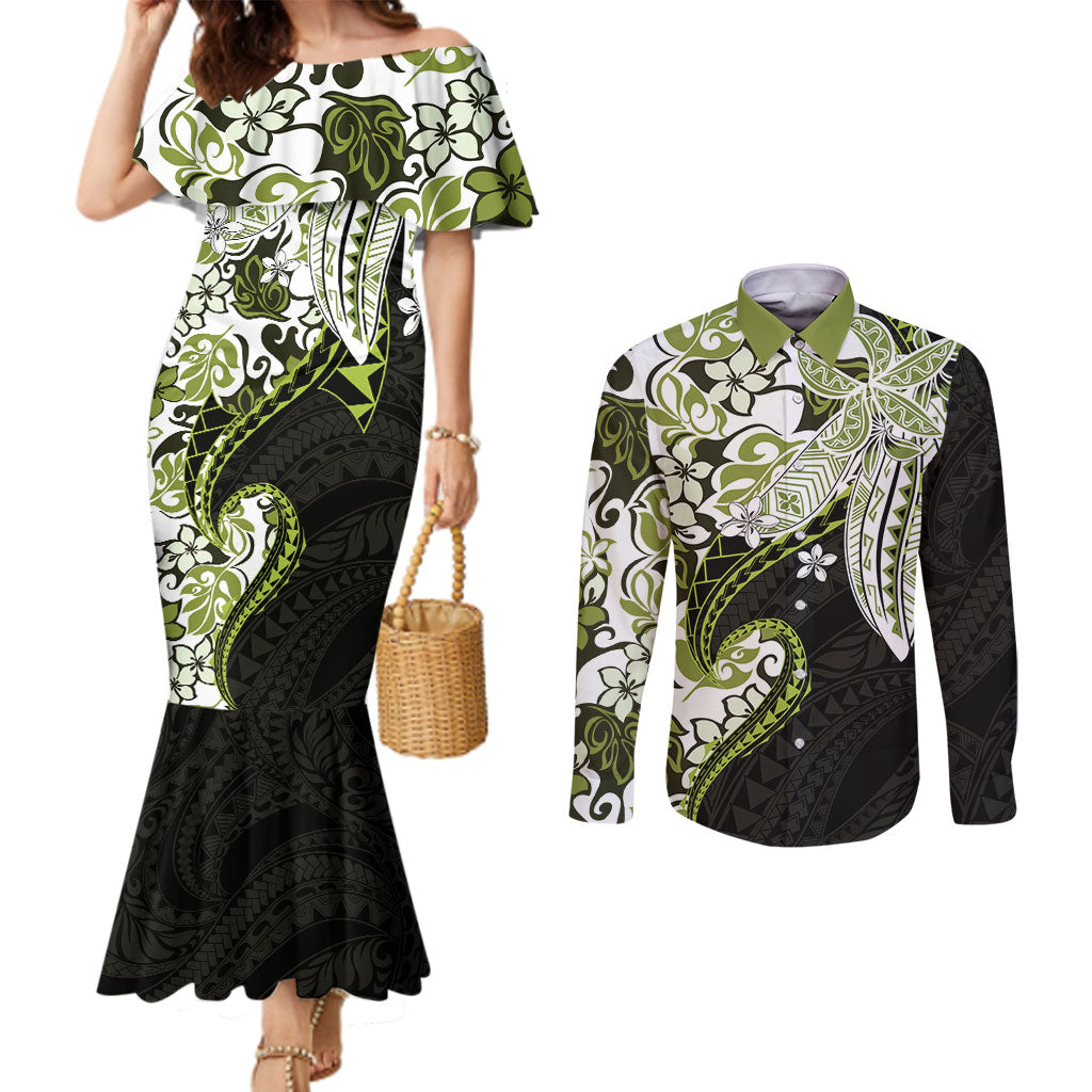 Monstera Plumeria Flowers Olive Green Couples Matching Mermaid Dress and Long Sleeve Button Shirt Polynesian Pattern LT01 Green - Polynesian Pride