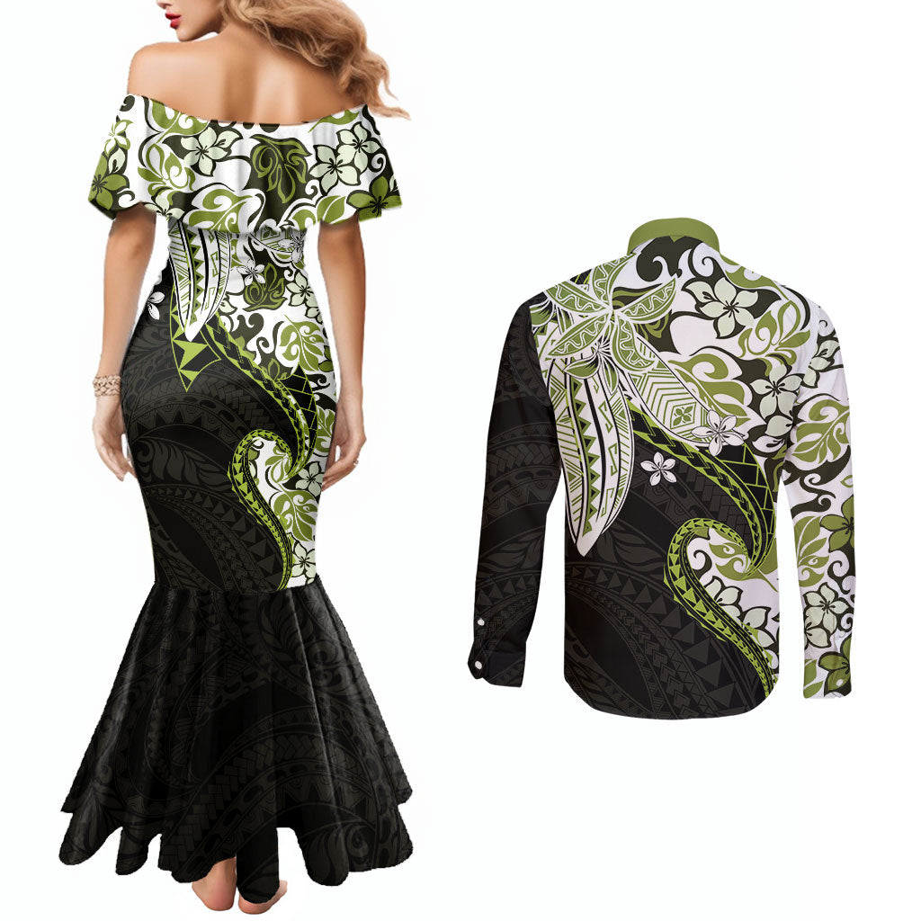 Monstera Plumeria Flowers Olive Green Couples Matching Mermaid Dress and Long Sleeve Button Shirt Polynesian Pattern LT01 - Polynesian Pride