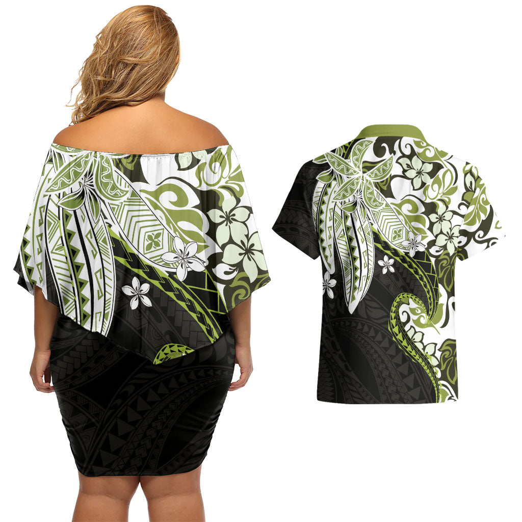 Monstera Plumeria Flowers Olive Green Couples Matching Off Shoulder Short Dress and Hawaiian Shirt Polynesian Pattern