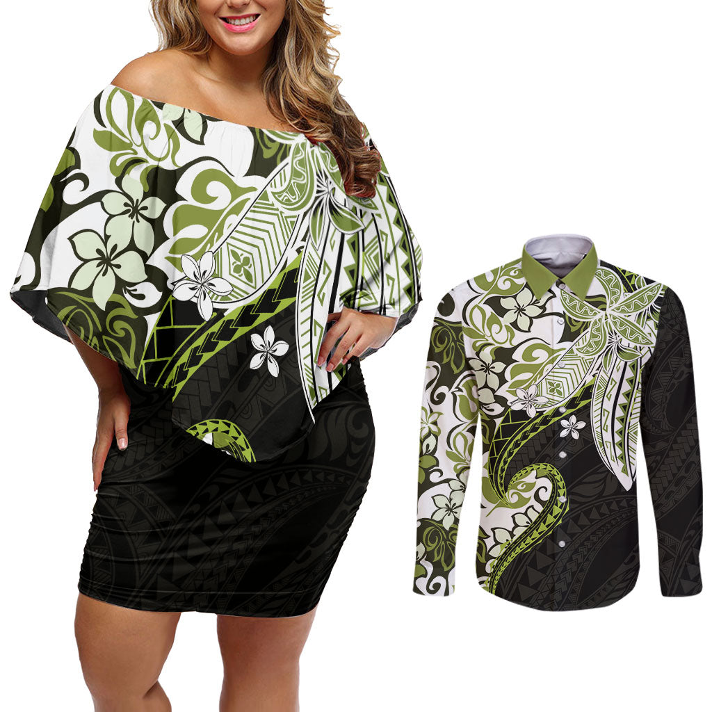 Monstera Plumeria Flowers Olive Green Couples Matching Off Shoulder Short Dress and Long Sleeve Button Shirt Polynesian Pattern