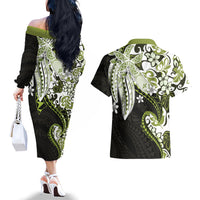 Monstera Plumeria Flowers Olive Green Couples Matching Off The Shoulder Long Sleeve Dress and Hawaiian Shirt Polynesian Pattern