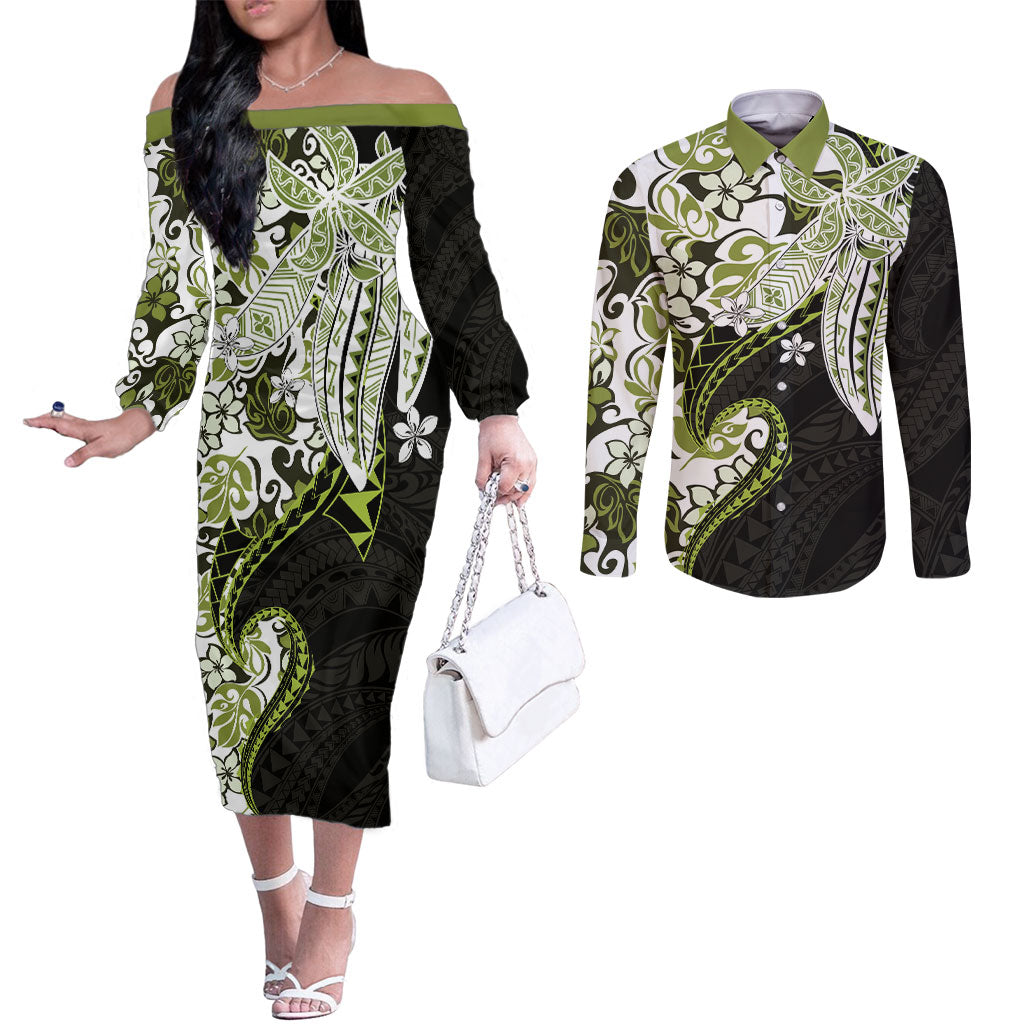 Monstera Plumeria Flowers Olive Green Couples Matching Off The Shoulder Long Sleeve Dress and Long Sleeve Button Shirt Polynesian Pattern