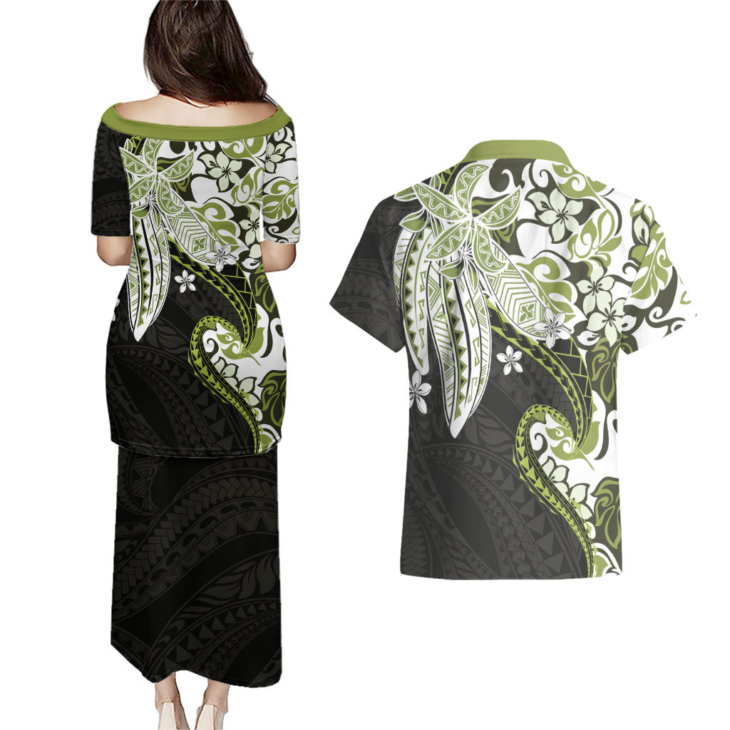 Monstera Plumeria Flowers Olive Green Couples Matching Puletasi and Hawaiian Shirt Polynesian Pattern
