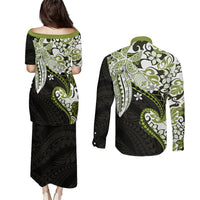 Monstera Plumeria Flowers Olive Green Couples Matching Puletasi and Long Sleeve Button Shirt Polynesian Pattern