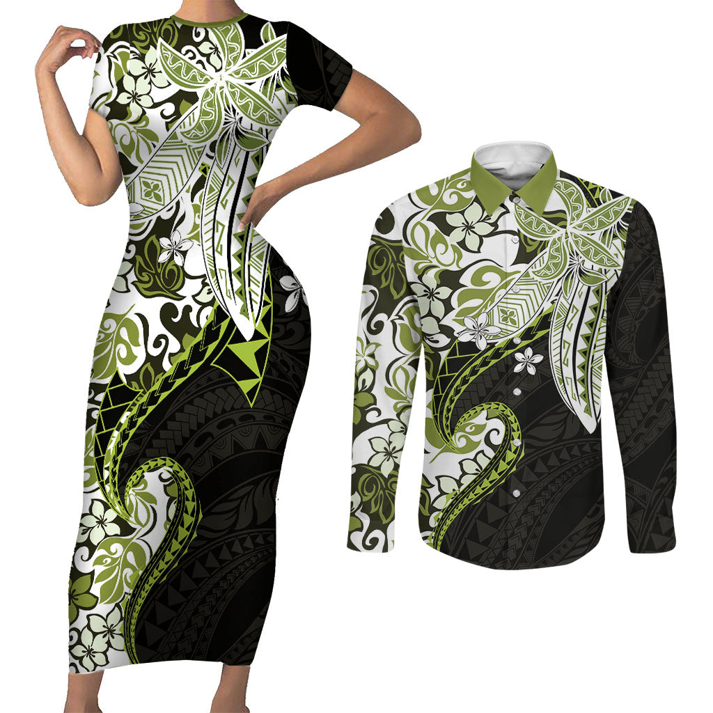 Monstera Plumeria Flowers Olive Green Couples Matching Short Sleeve Bodycon Dress and Long Sleeve Button Shirt Polynesian Pattern