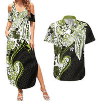 Monstera Plumeria Flowers Olive Green Couples Matching Summer Maxi Dress and Hawaiian Shirt Polynesian Pattern