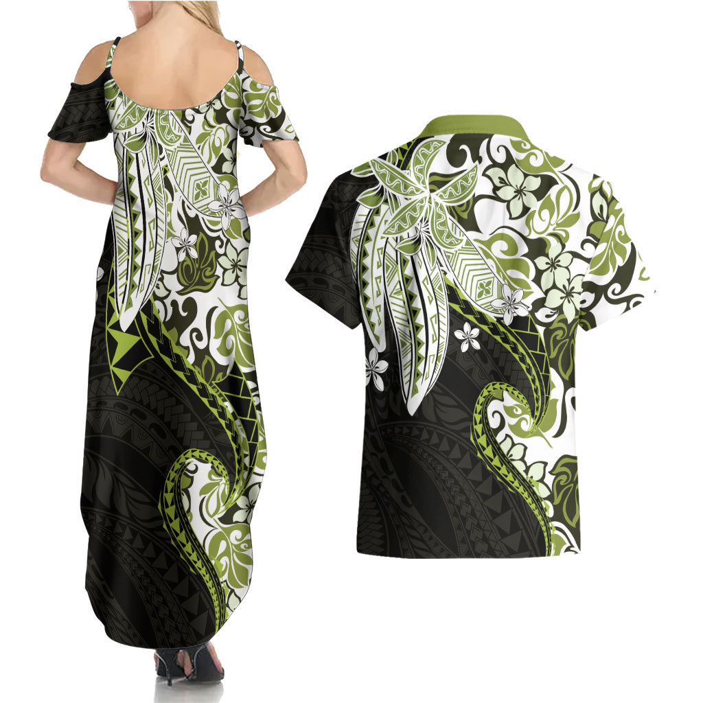 Monstera Plumeria Flowers Olive Green Couples Matching Summer Maxi Dress and Hawaiian Shirt Polynesian Pattern
