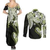 Monstera Plumeria Flowers Olive Green Couples Matching Summer Maxi Dress and Long Sleeve Button Shirt Polynesian Pattern
