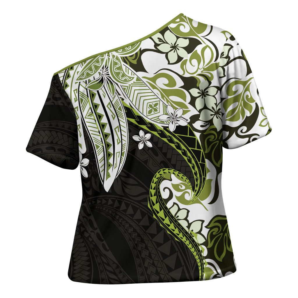Monstera Plumeria Flowers Olive Green Cross Shoulder Shirt Polynesian Pattern