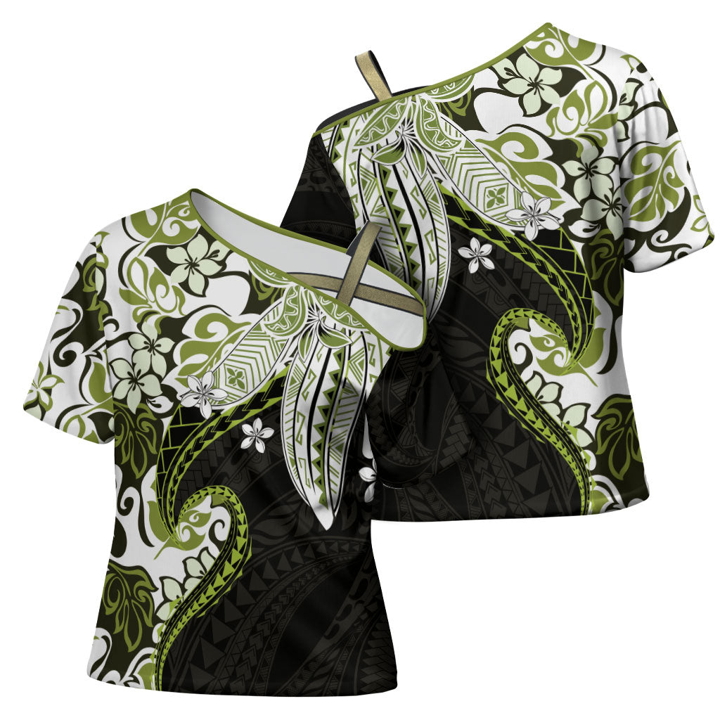 Monstera Plumeria Flowers Olive Green Cross Shoulder Shirt Polynesian Pattern