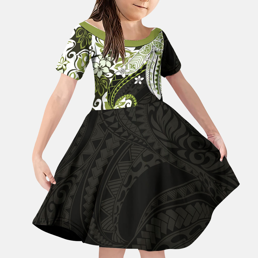 Monstera Plumeria Flowers Olive Green Family Matching Long Sleeve Bodycon Dress and Hawaiian Shirt Polynesian Pattern