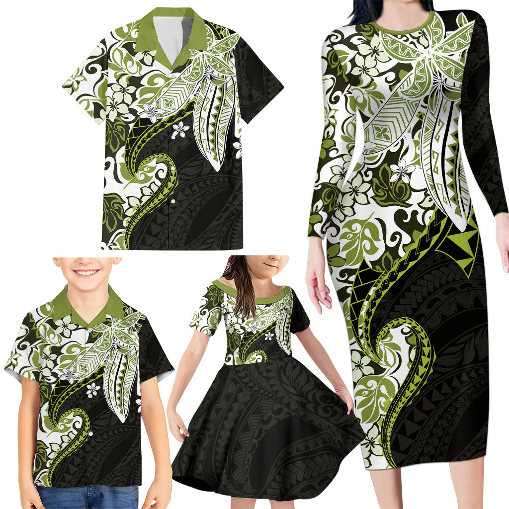 Monstera Plumeria Flowers Olive Green Family Matching Long Sleeve Bodycon Dress and Hawaiian Shirt Polynesian Pattern