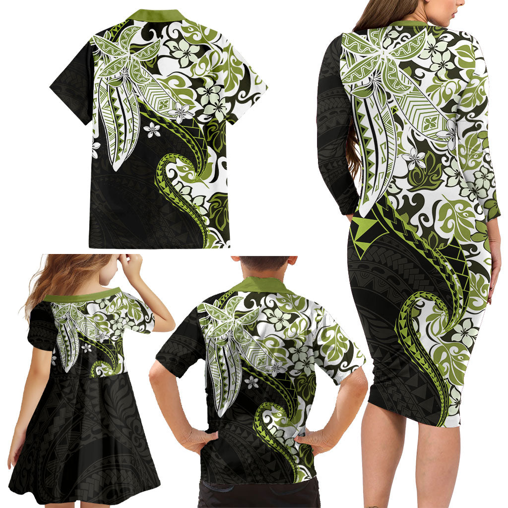 Monstera Plumeria Flowers Olive Green Family Matching Long Sleeve Bodycon Dress and Hawaiian Shirt Polynesian Pattern