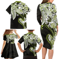 Monstera Plumeria Flowers Olive Green Family Matching Long Sleeve Bodycon Dress and Hawaiian Shirt Polynesian Pattern
