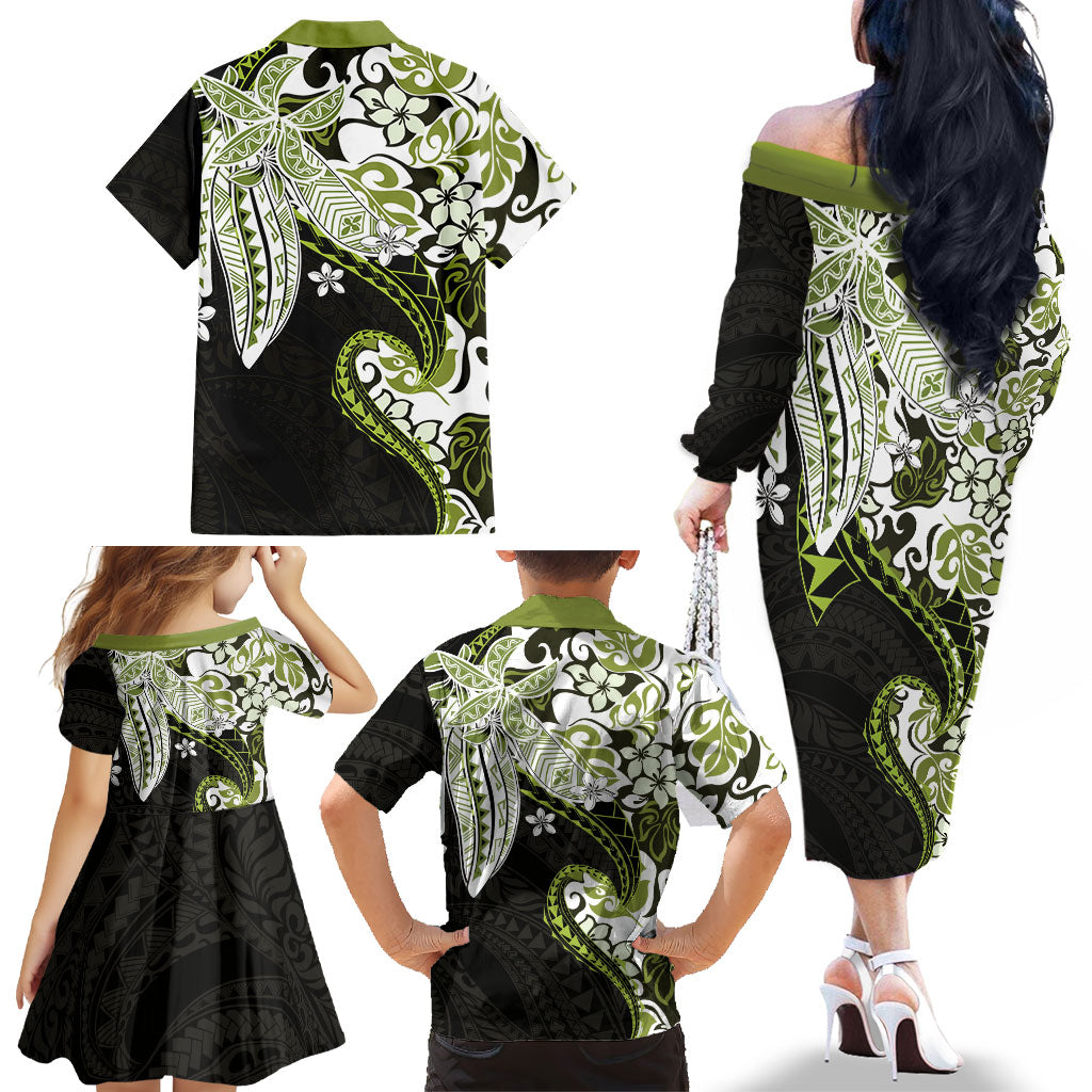 Monstera Plumeria Flowers Olive Green Family Matching Off The Shoulder Long Sleeve Dress and Hawaiian Shirt Polynesian Pattern