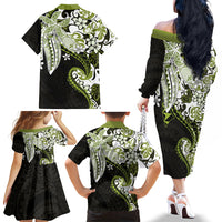 Monstera Plumeria Flowers Olive Green Family Matching Off The Shoulder Long Sleeve Dress and Hawaiian Shirt Polynesian Pattern