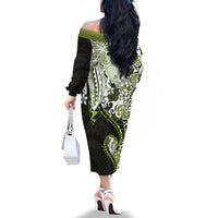 Monstera Plumeria Flowers Olive Green Family Matching Off The Shoulder Long Sleeve Dress and Hawaiian Shirt Polynesian Pattern