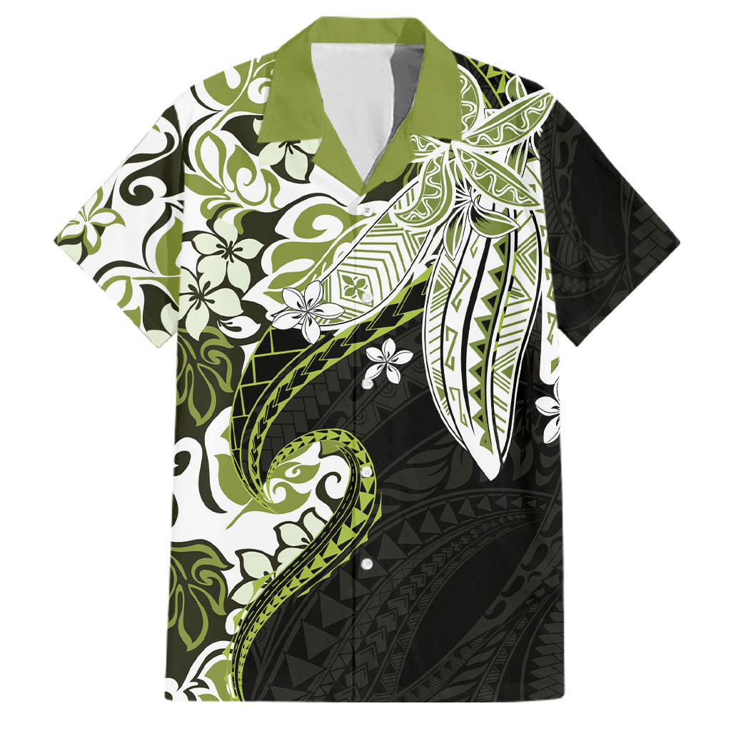 Monstera Plumeria Flowers Olive Green Family Matching Off Shoulder Maxi Dress and Hawaiian Shirt Polynesian Pattern