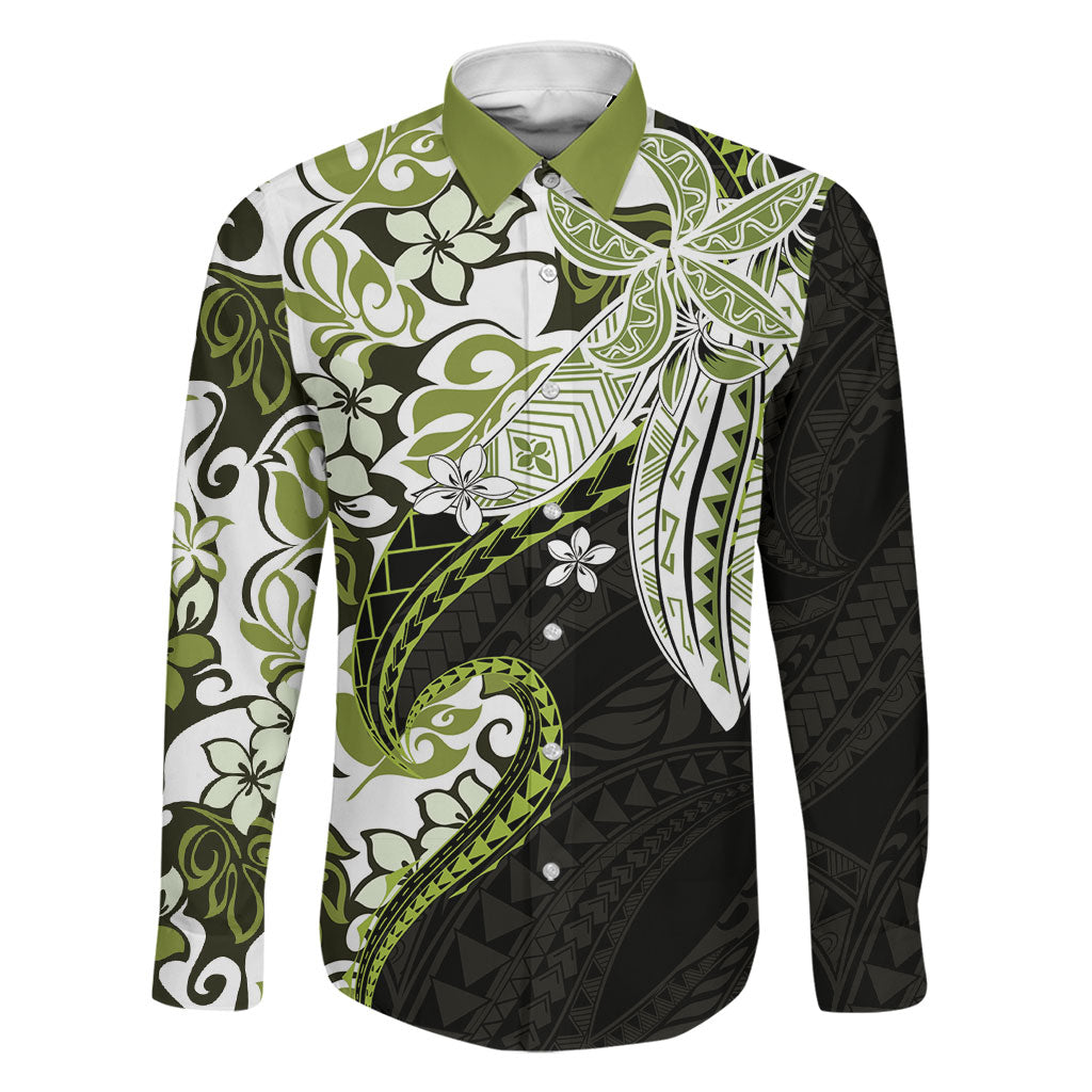 Monstera Plumeria Flowers Olive Green Family Matching Off Shoulder Maxi Dress and Hawaiian Shirt Polynesian Pattern