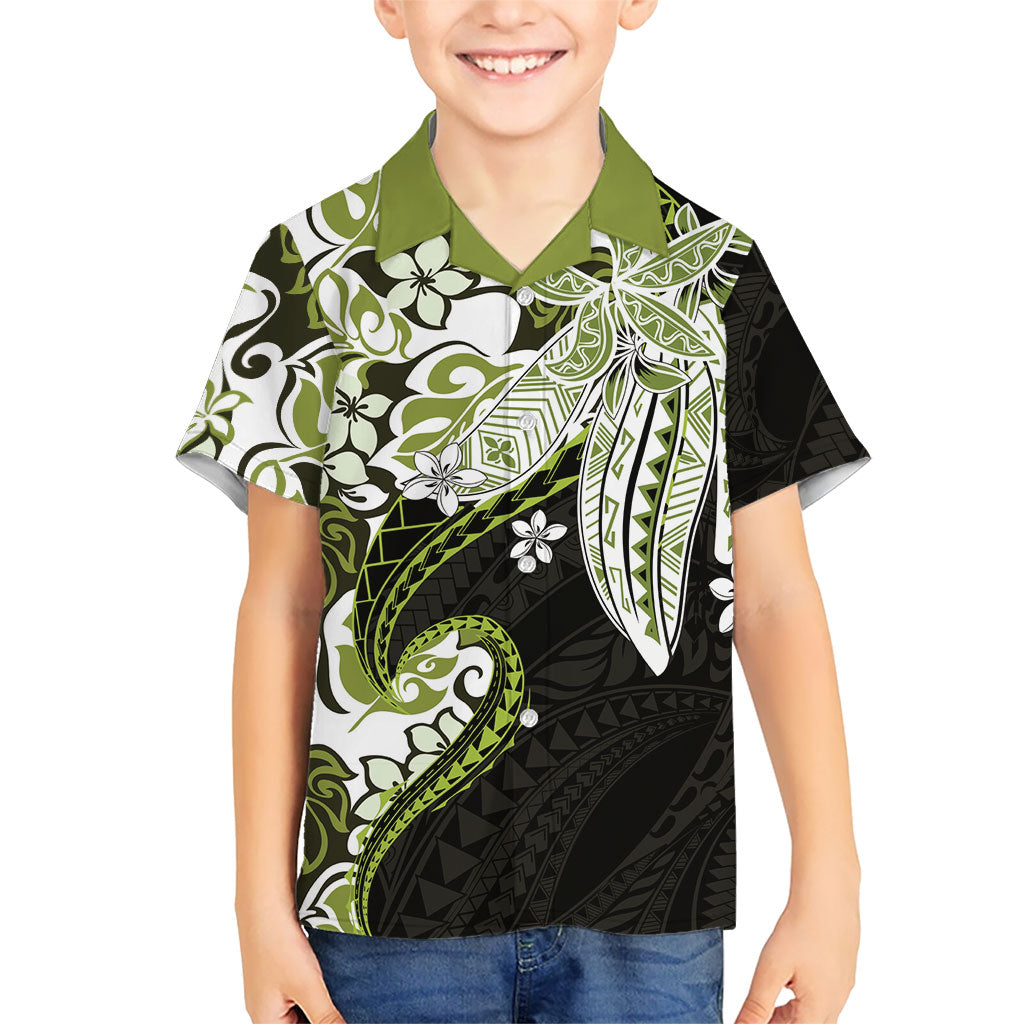 Monstera Plumeria Flowers Olive Green Family Matching Off Shoulder Maxi Dress and Hawaiian Shirt Polynesian Pattern