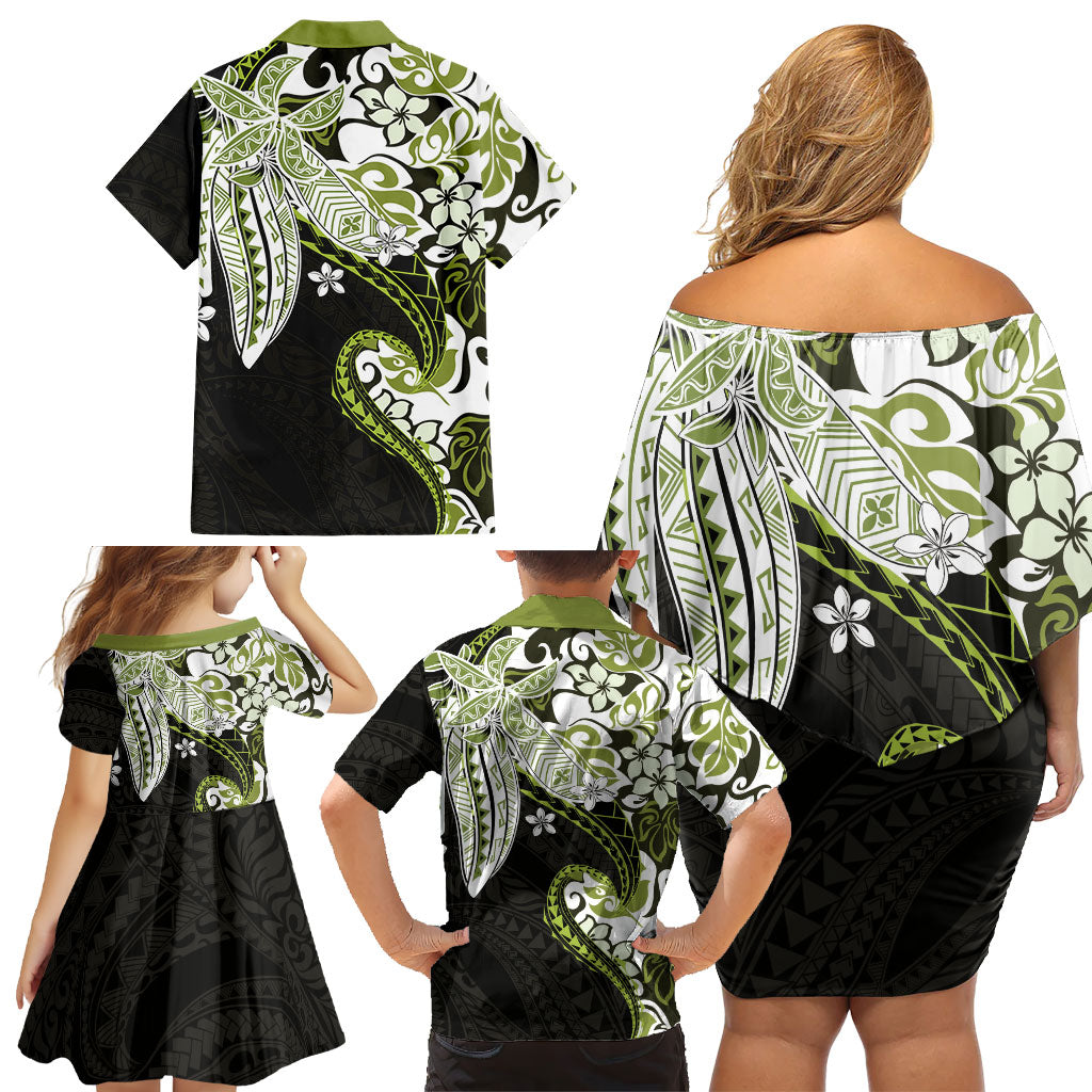Monstera Plumeria Flowers Olive Green Family Matching Off Shoulder Short Dress and Hawaiian Shirt Polynesian Pattern