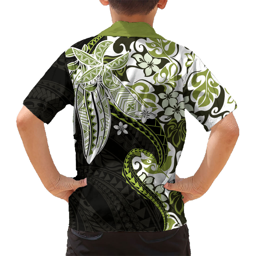 Monstera Plumeria Flowers Olive Green Family Matching Puletasi and Hawaiian Shirt Polynesian Pattern