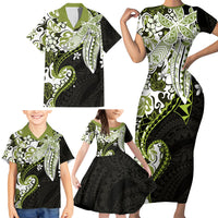 Monstera Plumeria Flowers Olive Green Family Matching Short Sleeve Bodycon Dress and Hawaiian Shirt Polynesian Pattern