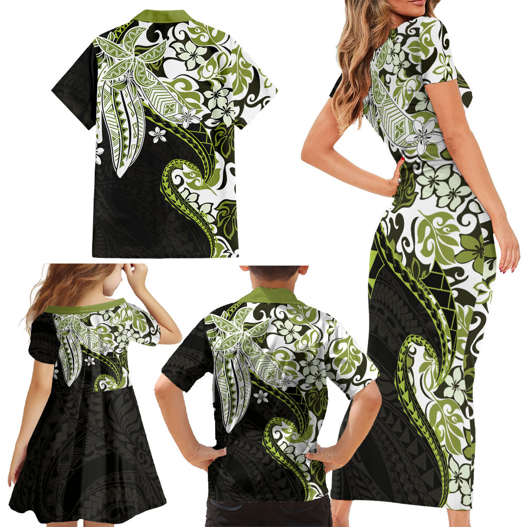 Monstera Plumeria Flowers Olive Green Family Matching Short Sleeve Bodycon Dress and Hawaiian Shirt Polynesian Pattern