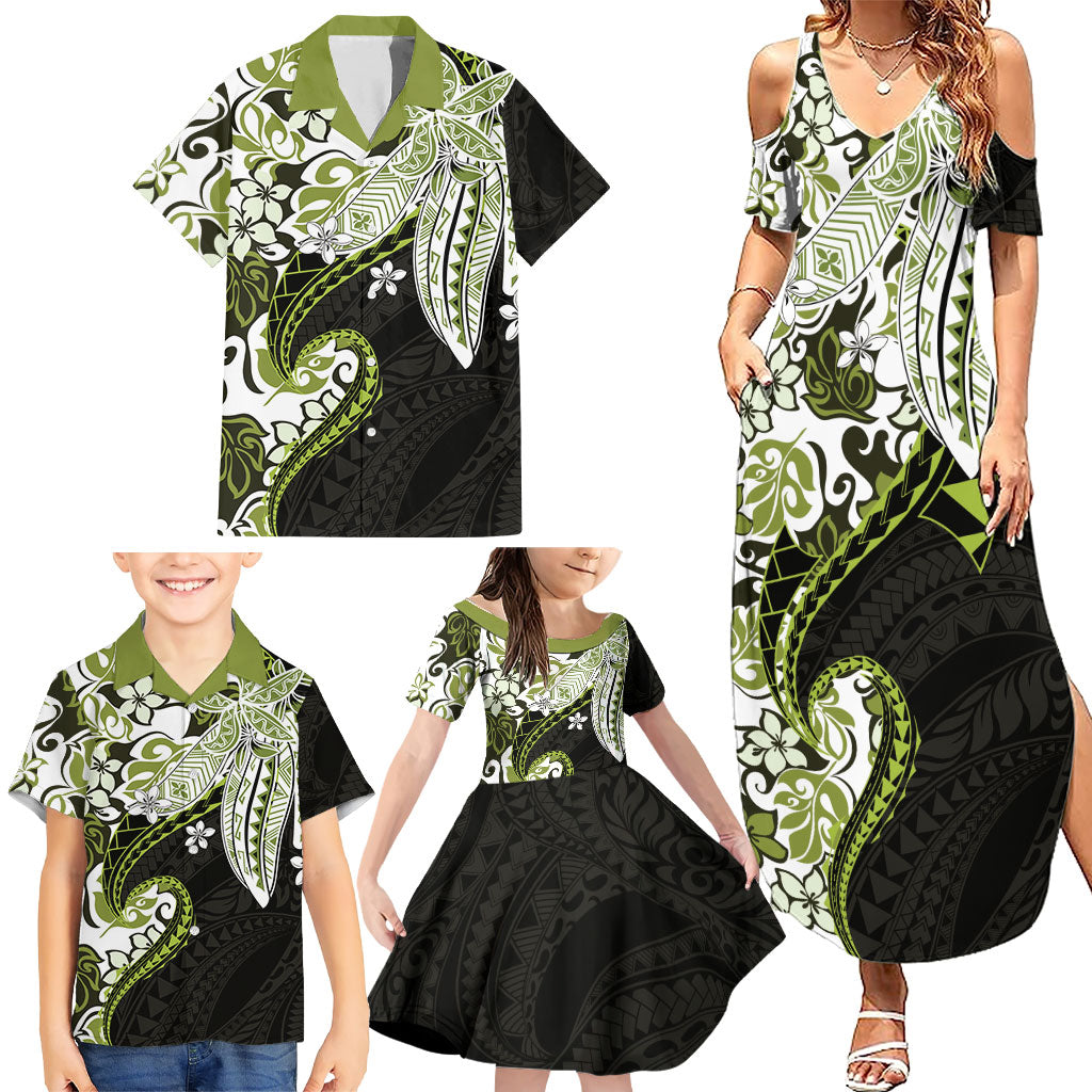 Monstera Plumeria Flowers Olive Green Family Matching Summer Maxi Dress and Hawaiian Shirt Polynesian Pattern