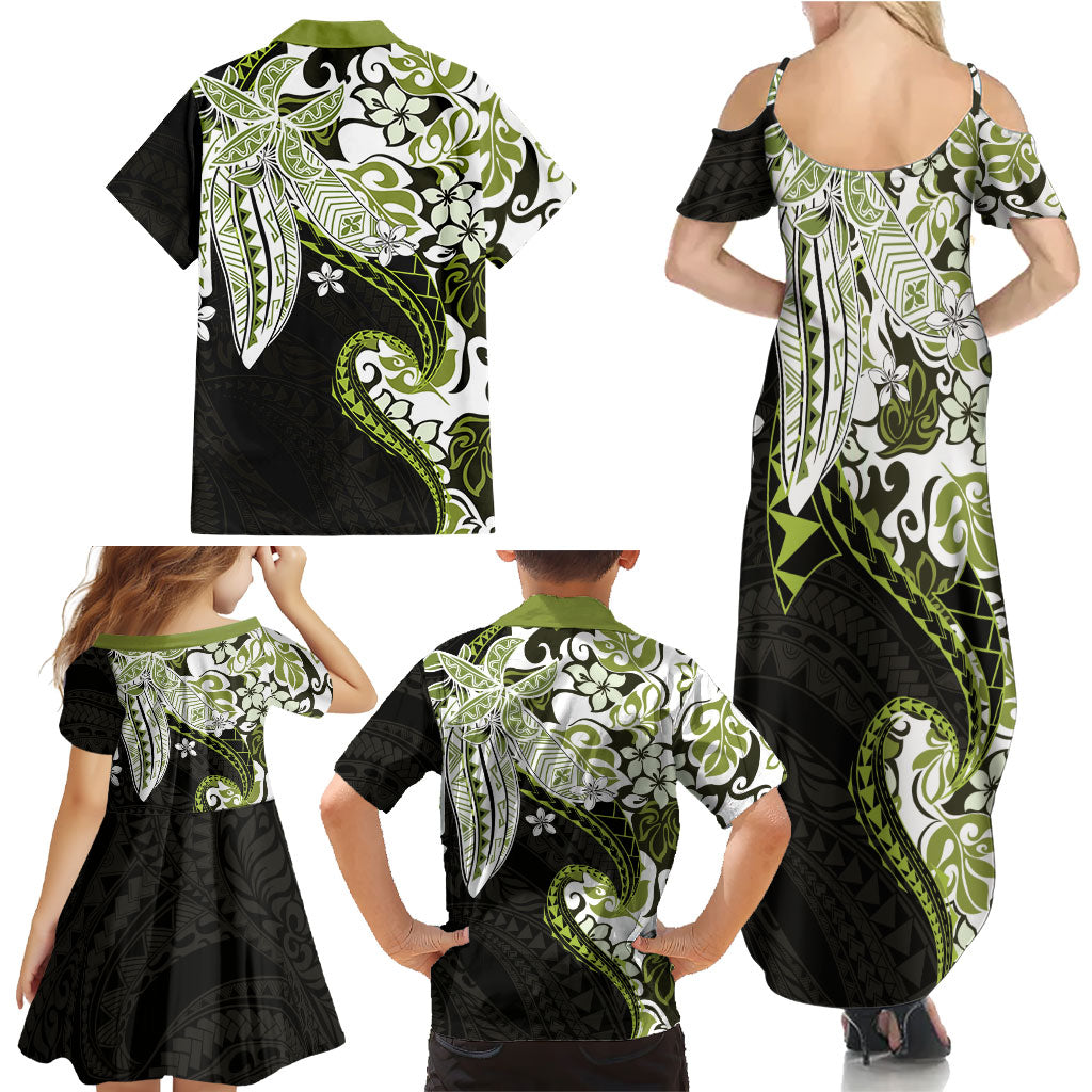 Monstera Plumeria Flowers Olive Green Family Matching Summer Maxi Dress and Hawaiian Shirt Polynesian Pattern