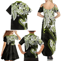 Monstera Plumeria Flowers Olive Green Family Matching Summer Maxi Dress and Hawaiian Shirt Polynesian Pattern