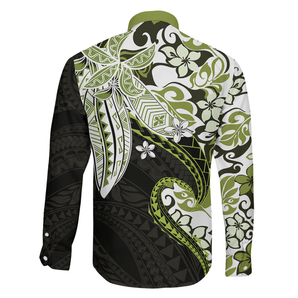 Monstera Plumeria Flowers Olive Green Family Matching Tank Maxi Dress and Hawaiian Shirt Polynesian Pattern