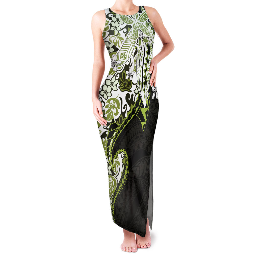 Monstera Plumeria Flowers Olive Green Family Matching Tank Maxi Dress and Hawaiian Shirt Polynesian Pattern