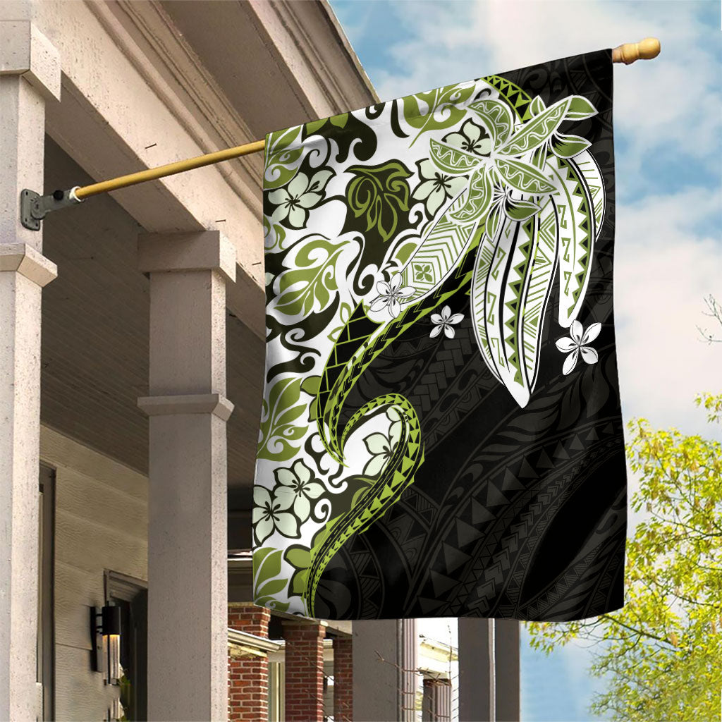 Monstera Plumeria Flowers Olive Green Garden Flag Polynesian Pattern