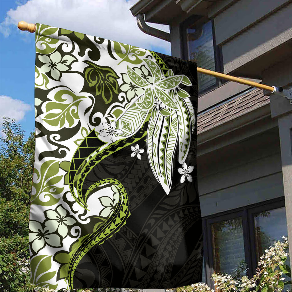Monstera Plumeria Flowers Olive Green Garden Flag Polynesian Pattern
