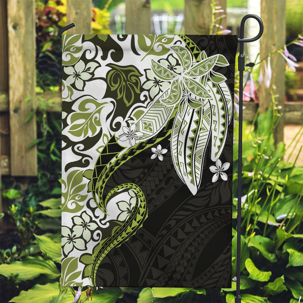 Monstera Plumeria Flowers Olive Green Garden Flag Polynesian Pattern