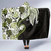 Monstera Plumeria Flowers Olive Green Hooded Blanket Polynesian Pattern
