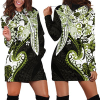Monstera Plumeria Flowers Olive Green Hoodie Dress Polynesian Pattern