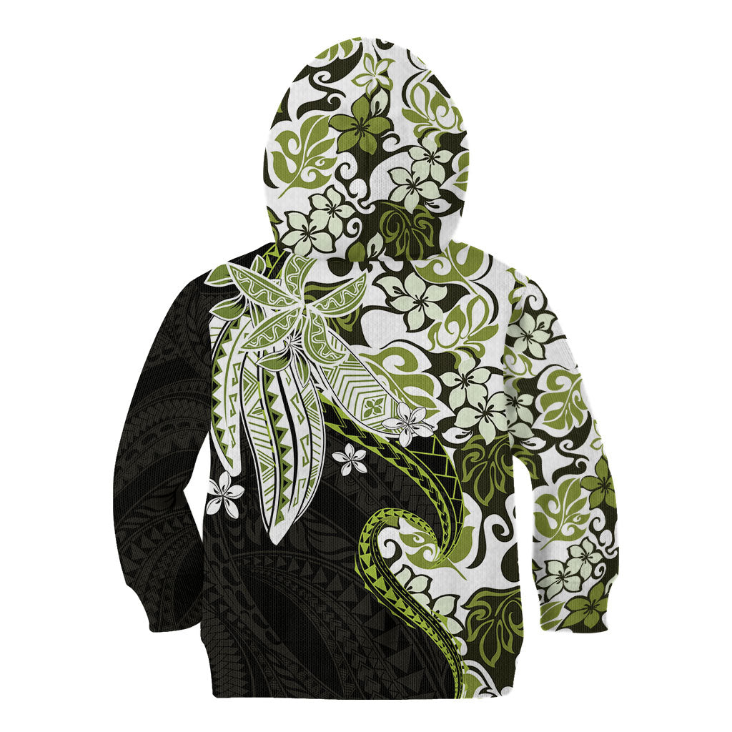 Monstera Plumeria Flowers Olive Green Kid Hoodie Polynesian Pattern