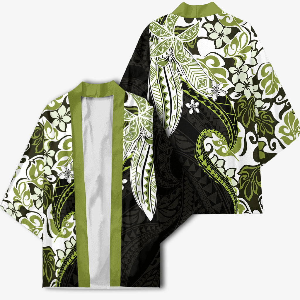 Monstera Plumeria Flowers Olive Green Kimono Polynesian Pattern