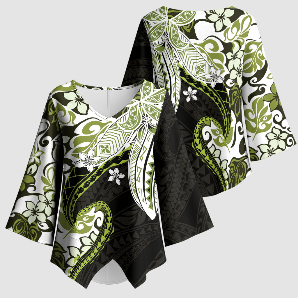 Monstera Plumeria Flowers Olive Green Kimono Sleeve Blouse Polynesian Pattern