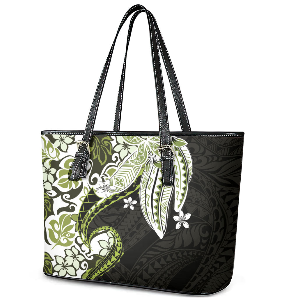 Monstera Plumeria Flowers Olive Green Leather Tote Bag Polynesian Pattern