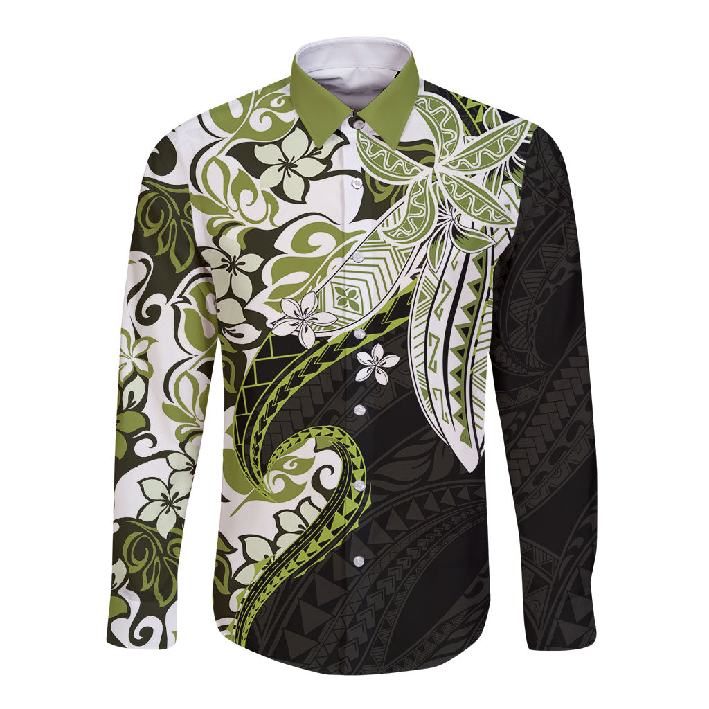 Monstera Plumeria Flowers Olive Green Long Sleeve Button Shirt Polynesian Pattern