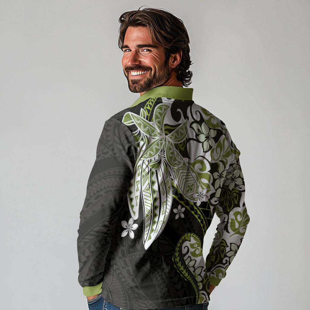 Monstera Plumeria Flowers Olive Green Long Sleeve Polo Shirt Polynesian Pattern LT01 - Polynesian Pride