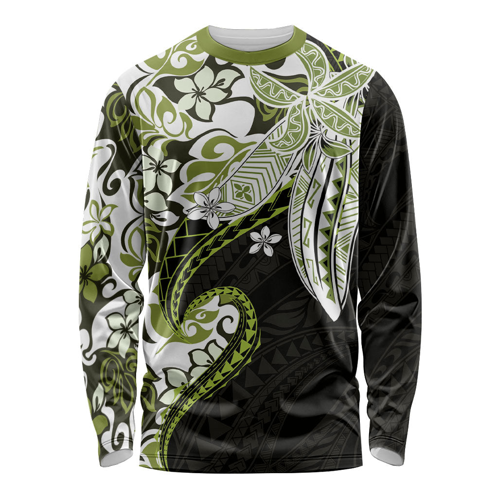 Monstera Plumeria Flowers Olive Green Long Sleeve Shirt Polynesian Pattern