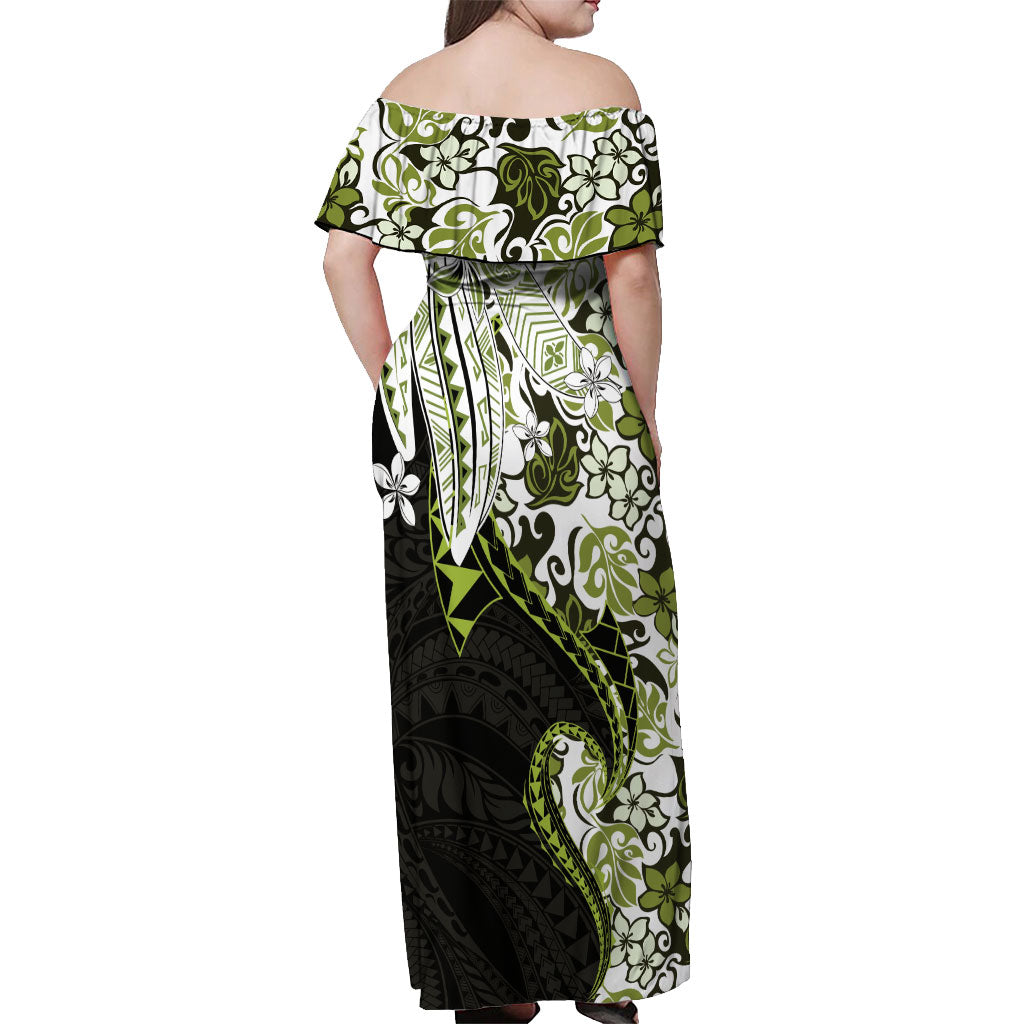 Monstera Plumeria Flowers Olive Green Off Shoulder Maxi Dress Polynesian Pattern