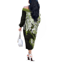 Monstera Plumeria Flowers Olive Green Off The Shoulder Long Sleeve Dress Polynesian Pattern LT01 - Polynesian Pride