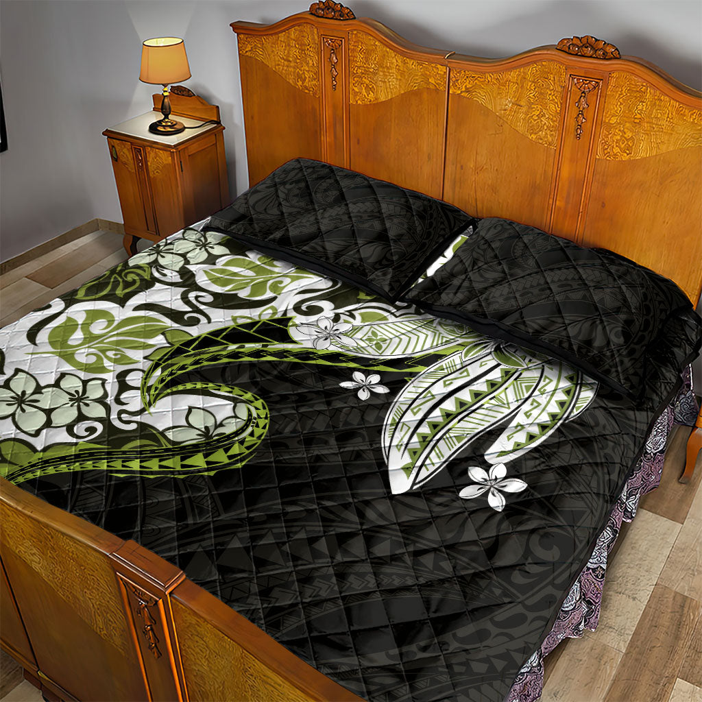 Monstera Plumeria Flowers Olive Green Quilt Bed Set Polynesian Pattern