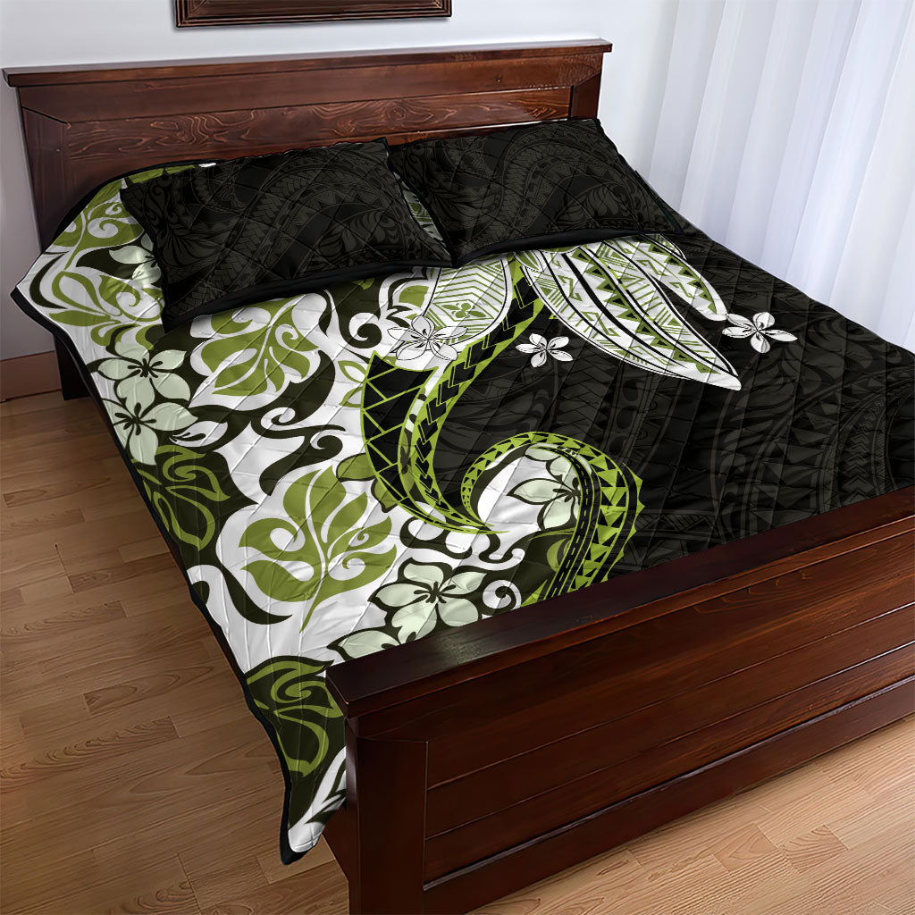 Monstera Plumeria Flowers Olive Green Quilt Bed Set Polynesian Pattern